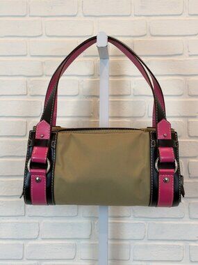 Lancel Paris Satchel Khaki Canvas Pink Leather Trim Shoulder Bag